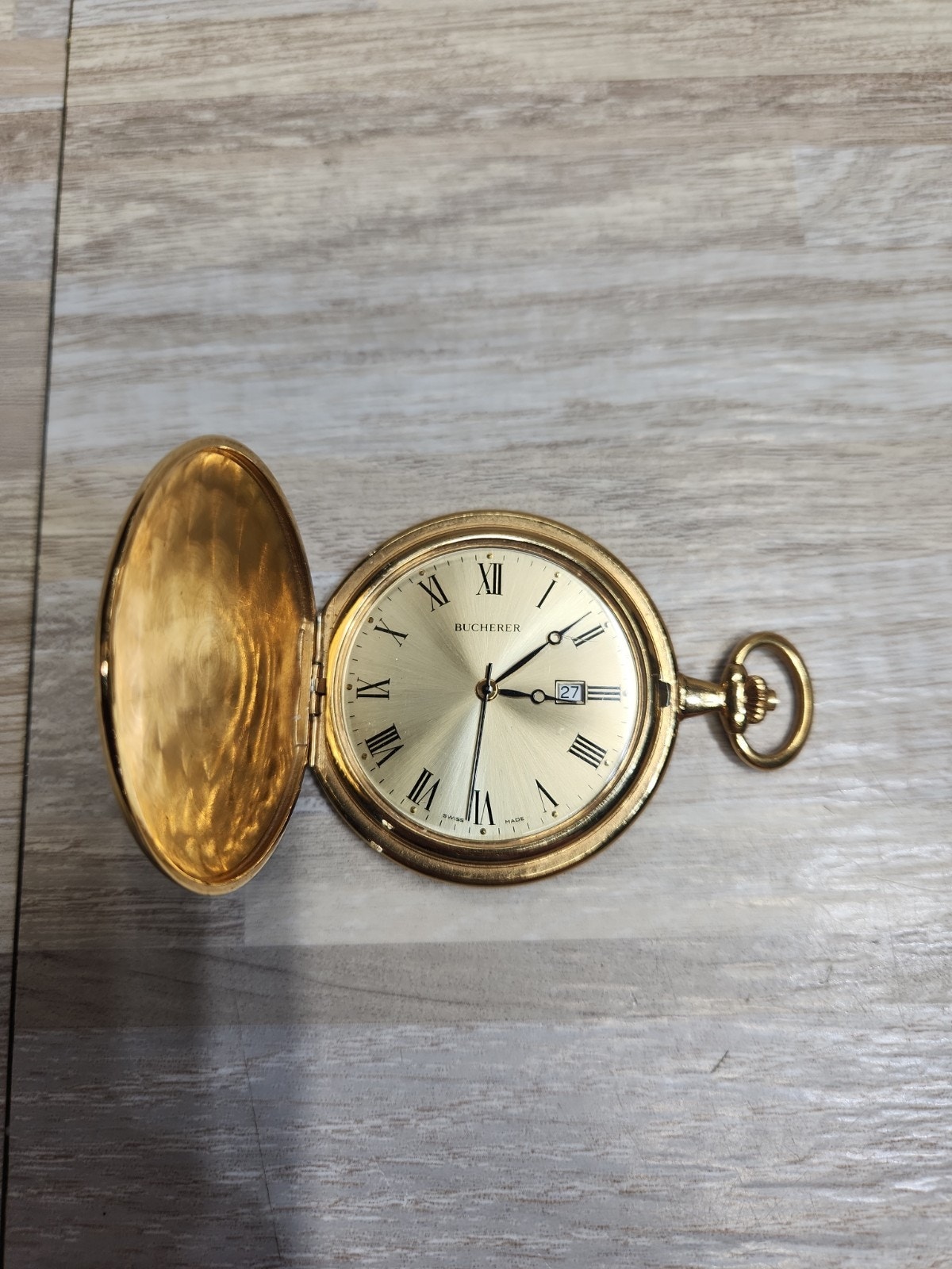Bucherer Vintage Quartz Pocket Watch Gold Tone 47mm Swiss Made